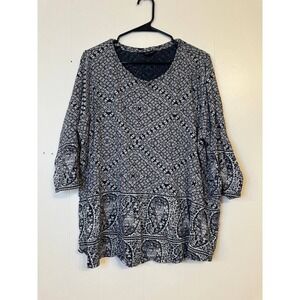 Lucky Brand Women Black White Paisley Tunic Top Blouse 3/4 Sleeve V Neck Size 3X
